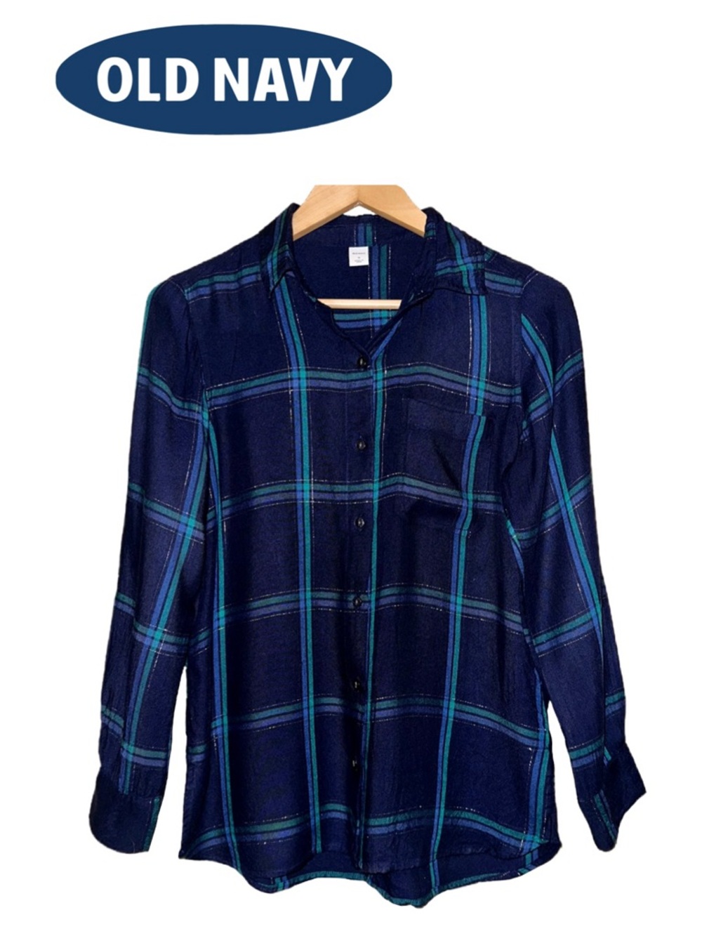 OLD NAVY Blue & Green Plaid Rayon Button Down Shirt Silver Accent Top Women’s S